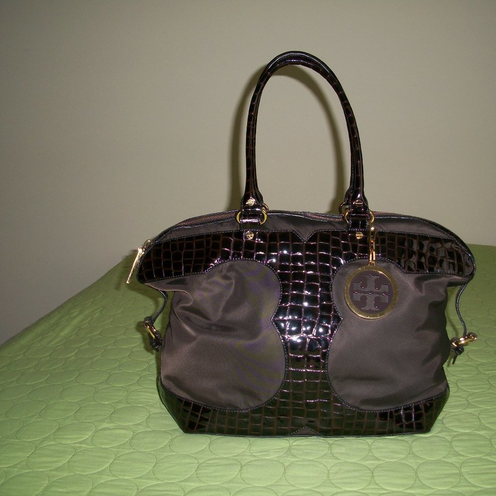 Tory Burch Brown Nylon & Brown Patent Leather Tote